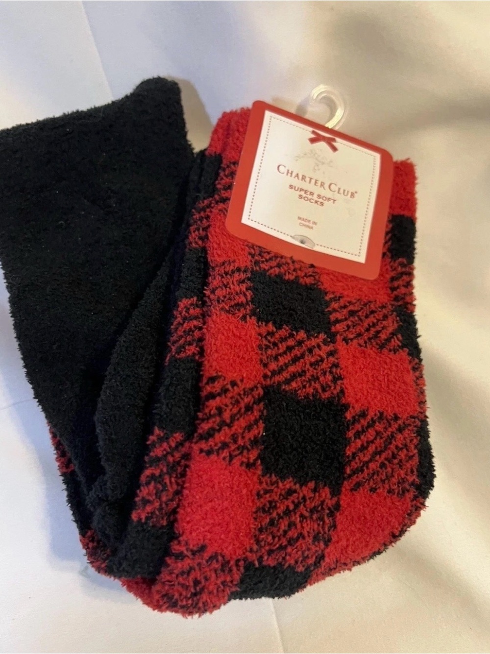Charter Club Women's 2-Pk. Fuzzy Super Soft  Socks, Buffalo Check Black/Red $20